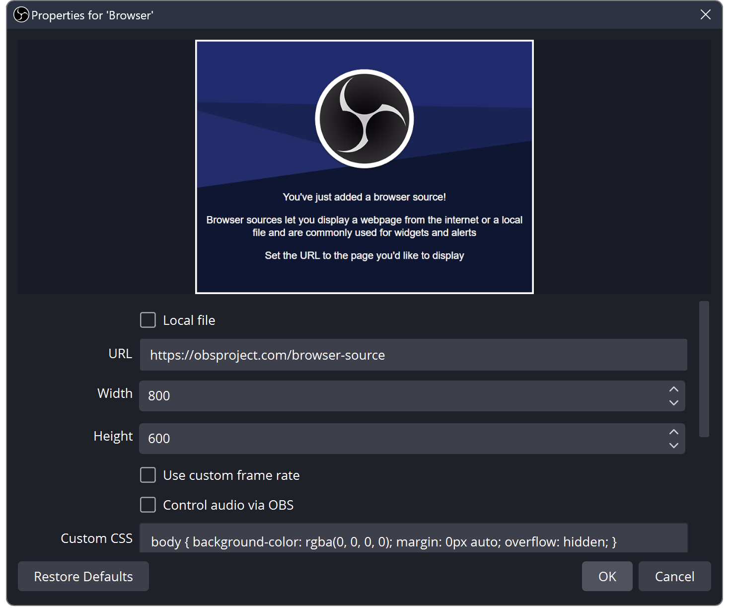 Add Browser Source in OBS